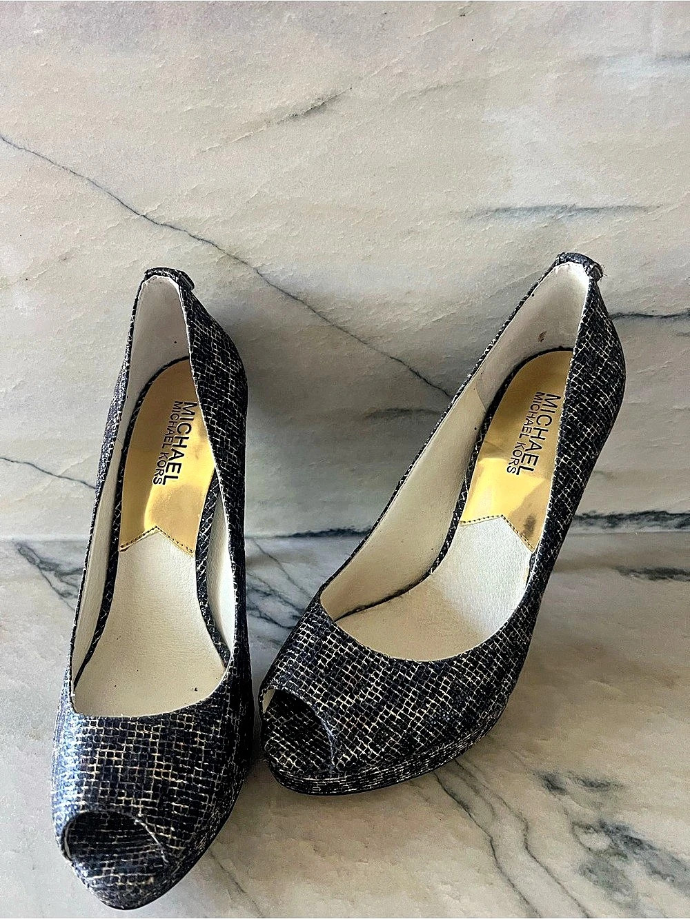 Michael Kors Peep Toe Platform Heels in Black & Gold